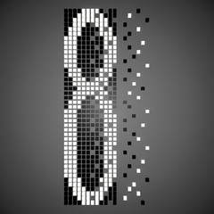 3D neon number destroyed on the pixels on a gray background. 3D rendering.