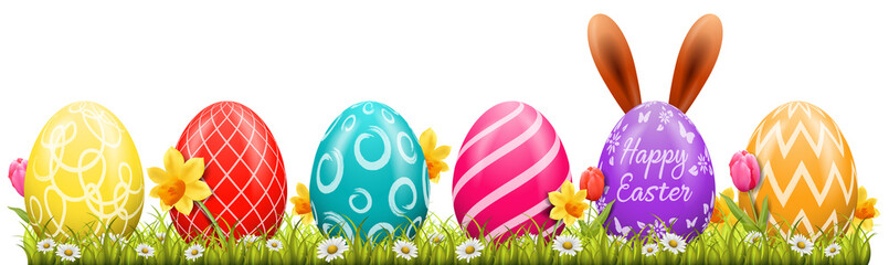 Fototapeta premium Happy easter background with easter eggs and easter bunny