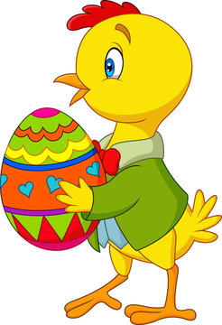 Cartoon chick holding a decorated Easter egg