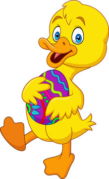 Cartoon duckling holding a decorated Easter egg