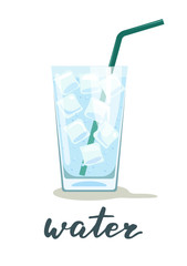 Glass of cool water with ice and bubbles. Vector illustration isolated on white background