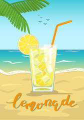 Glass of lemonade. Glass of lemon cocktail with straw on summer sea beach. Vector illustration