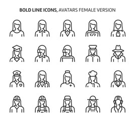 Fototapeta premium Female avatars, bold line icons