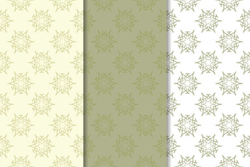 Set of pale olive green floral backgrounds. Seamless patterns