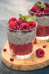 Chia seed pudding with fresh raspberries and pomegranates