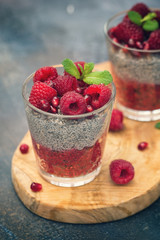 Chia seed pudding with fresh raspberries and pomegranates