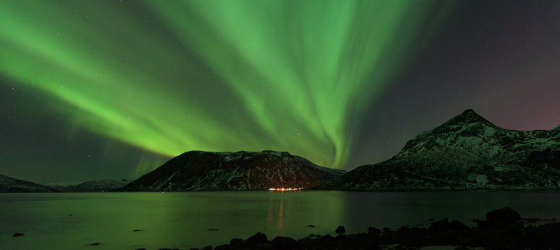 Green Northern Light (Aurora Borealis) in a clear starry night above a Norwegian fjord, Tromsø, Norway