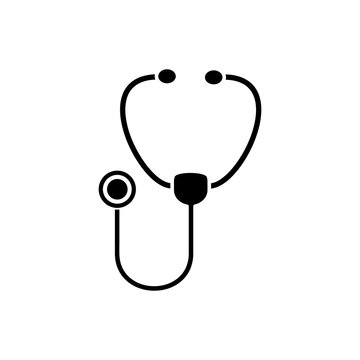 Isolated stethoscope icon on white background. Flat black stethoscope icon for use in variety of projects. Monochrome vector stethoscope icon for web sites and apps.