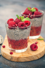 Chia seed pudding with fresh raspberries and pomegranates