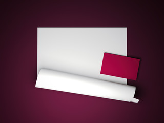 Folded paper sheet with red business card. 3d rendering