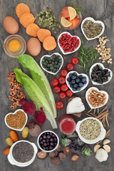 Super food to boost brain power concept with fish, vegetables, fruit, seeds, pollen grain, nuts, supplement tablets, beetroot smoothie juice and medicinal herbs, food  high in omega 3 & antioxidants  