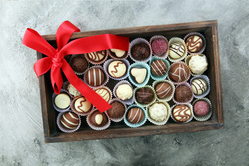 a lot of variety chocolate pralines, belgian confectionery gourmet chocolate