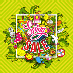 Cartoon hand drawn Doodle Big Spring Sale art. For banners, posters, flyers, cards, invitations. Vector illustration. Colorful detailed background with objects and symbols. All objects are separated