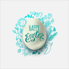 Template vector card with hand drawn doodle elements and realistic egg. Handwritten inscription Happy Easter. Doodle sketch on white background. For web and print banners, posters, invitations, cards