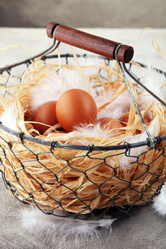 Egg. Fresh farm eggs on a wooden rustic background.