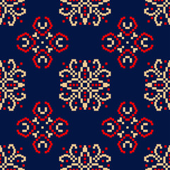 Blue seamless background. Floral beige and red pattern