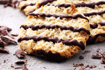 Chocolate cookies on stone table. Chocolate chip cookies shot.