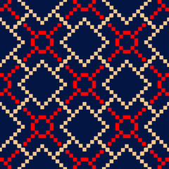Geometric blue seamless background. Colored red and beige pattern