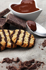 Chocolate cookies on stone table. Chocolate chip cookies shot.