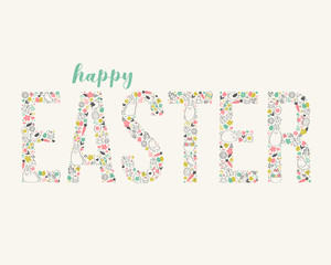 Happy Easter colorful lettering. Easter word made of bunnies, easter eggs, flowers and hearts. Easter day cute greeting card.