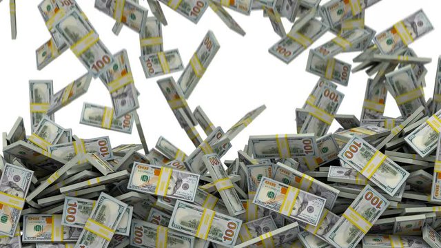 Bundles of US one hundred dollar bills fill the screen on white background.