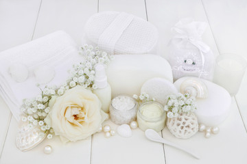 Bridal spa and beauty treatment products with rose and gypsophila flowers, ex foliating salt,...