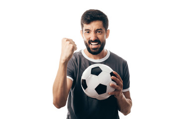 Fan or sport player on gray uniform celebrating on white background