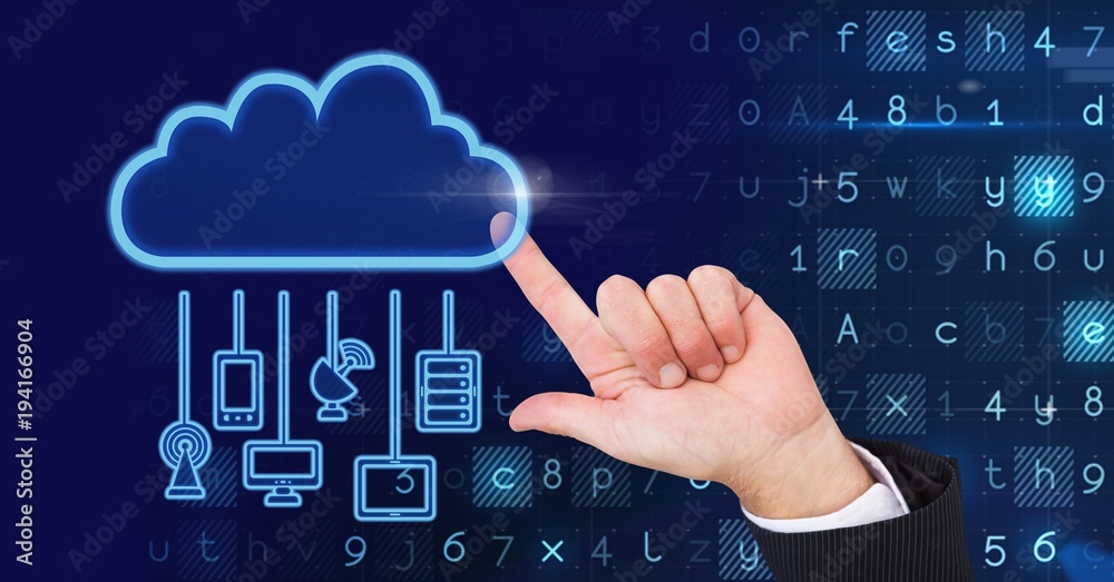Poster hand with cloud icon and hanging connection devices and code in