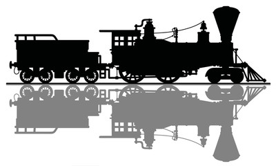 The black silhouette of a vintage american steam locomotive