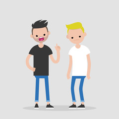 Quarrel conceptual illustration. Young pissed off character pointing a finger and yelling at his friend. Two arguing characters. Flat editable vector, clip art