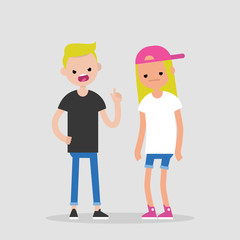 Quarrel conceptual illustration. Young pissed off man pointing a finger and yelling at his girlfriend. Two arguing characters. Flat editable vector, clip art
