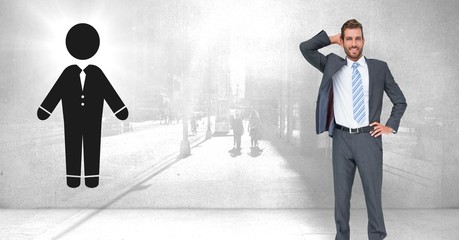 Fototapeta premium Businessman with person icon and city wall