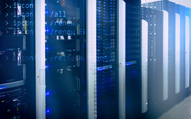 Modern supercomputers in computational data center. Server room. Web internet and network telecommunication technology, big data storage and cloud computing computer service business concept.