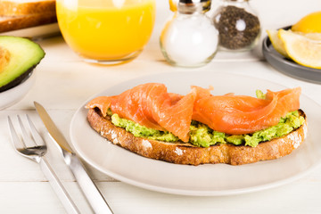 Healthy Breakfast with Wholemeal Bread Toast, smashed Avocado, a