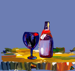 a glass with a bottle of wine on the table