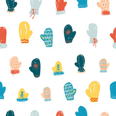 Seamless pattern - cute winter mittens