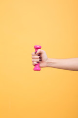 A woman hand holding a pink dumbbell