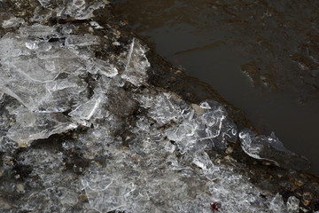 Melting ice on the edge of a pond in a city park in winter.
