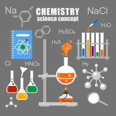 Chemistry science concept.  Chemistry lab and science equipment. Vector illustration.