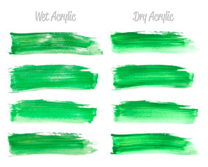 Vector green and gold paint smear stroke stain set. Abstract gold glittering textured art illustration. Gold Texture Paint Stain Illustration. Hand drawn brush strokes vector elements. Acrilyc strokes