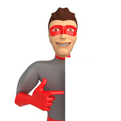 Young smiling guy in a superhero costume points with his hand to an empty poster. 3d illustration