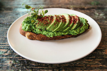 Sandwich with avocado on a plate. Delicious and healthy diet food.