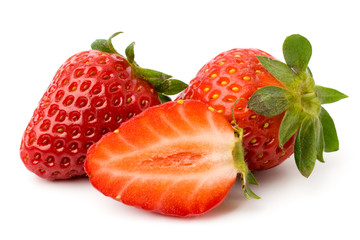 Ripe strawberry and half, isolated.