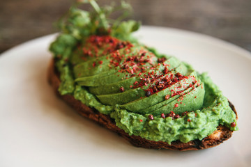 Sandwich with avocado on a plate. Delicious and healthy diet food.