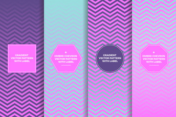 Holographic Magenta Pink to Aqua Blue Ombre Chevron Vector Patterns with Label Frames. Logo Badges. Copy Space for Text. Template for Packaging, Cover or Gift Wrap. Horizontally Seamless Gradient Fade © Artefficient