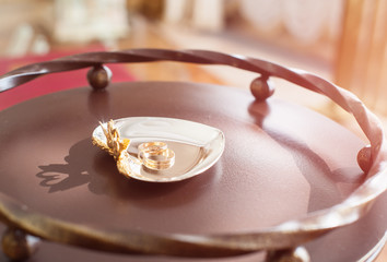 Rings of the newlyweds on brown background