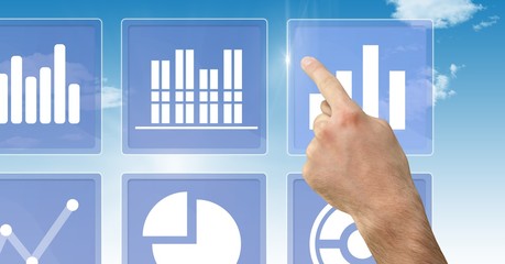 Hand touching business chart statistic icons