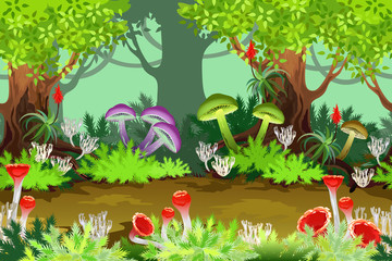 Seamless fantasy forest landscape with mushrooms, 3 separated layers ready for parallax effect for game and web design. Hand drawn vector endless looped background.