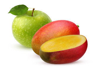 Green Apple and Mango isolated on white background.