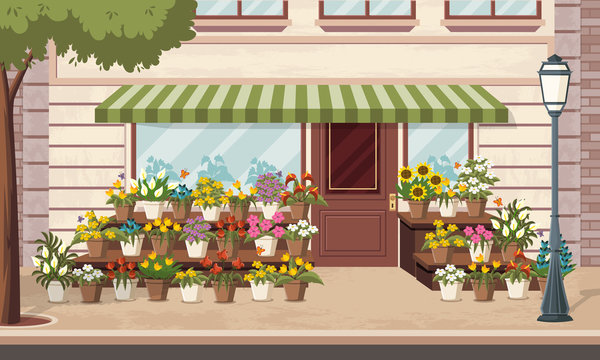 Entrance Of A Colorful Flower Shop.